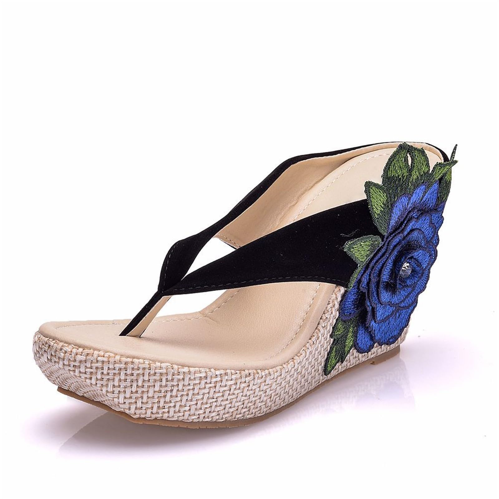 infradito estive da donna alla moda con zeppa ricamata, motivo floreale, ammortizzazione, a tutte le stesse piattaforma, casual, comode, infradito da donna, suola spessa, zeppe, piedi larghi