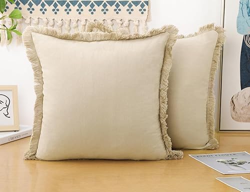 Miniatura 8 de Juego de 2 fundas de almohada de lino natural con flecos, funda de almohada decorativa neutra azul marino con borlas elegantes de arpillera bohemia
