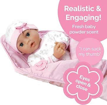 Adora 16 Inch Girl Baby Doll with Accessories Pink Matching 9-Piece Set Including a Pacifier, Hospital, Bracelet, Diaper, and More Gift for Toddlers Ages 3+ Adoption Babies Collection - Hope