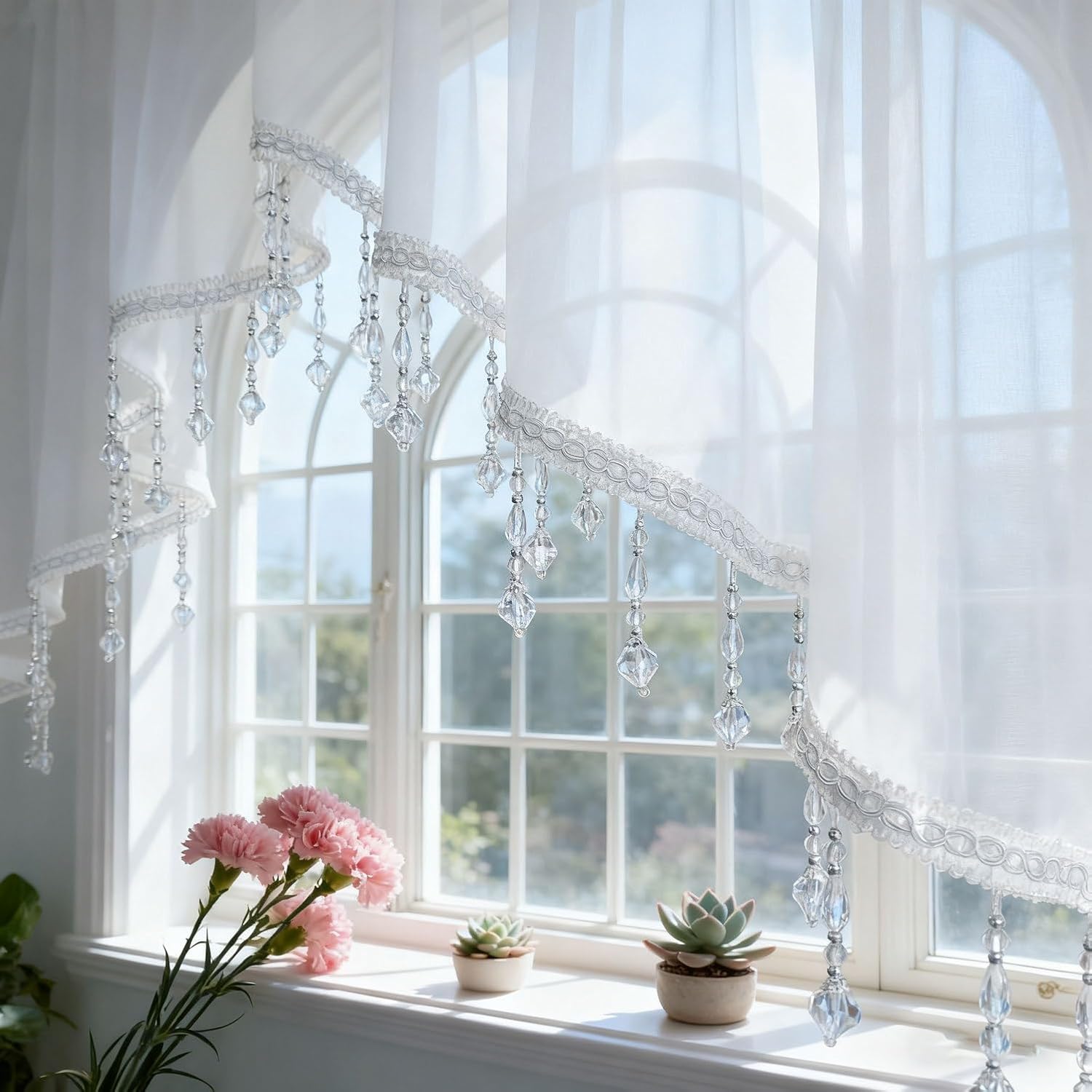 Luxury Sheer Valance Curtains for Living Room Window Valance Bead Trim Tassel Swag Curtain Macrame Rod Pocket Room Divider Kitchen Dining Room 1 Panel (W78 X L47 Inch,White)