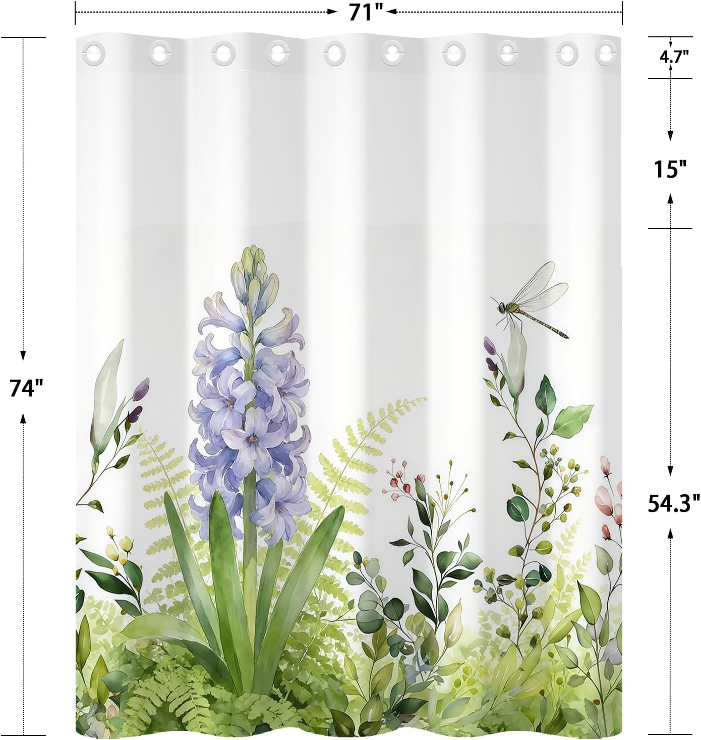 No Hook Plants Shower Curtain and Liner Set 71 x 74 Inch - Purple Hyacinths and Green Leaves Design, Waterproof Fabric Bath Curtain with Mesh Top for Farmhouse Bathroom Decor