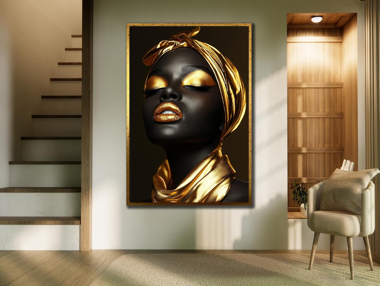 CAOXTART African Woman Canvas Painting, Gold Female portrait Canvas Print: Ethnic Posters for Living Room, Home Wall Decor Artwork(70x110cm/Frameless)