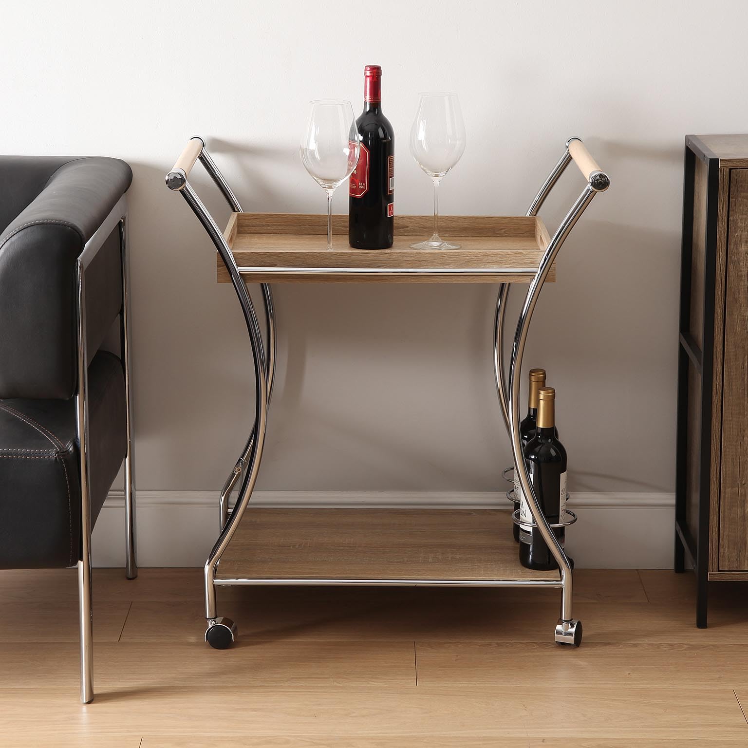Versa Carro de Servicio Acabado Madera de Estilo Versátil, Medidas(Al x L x An) 78,5 x 42 x 68,5 cm, Madera MDF,Metal Cromado, Color Marrón