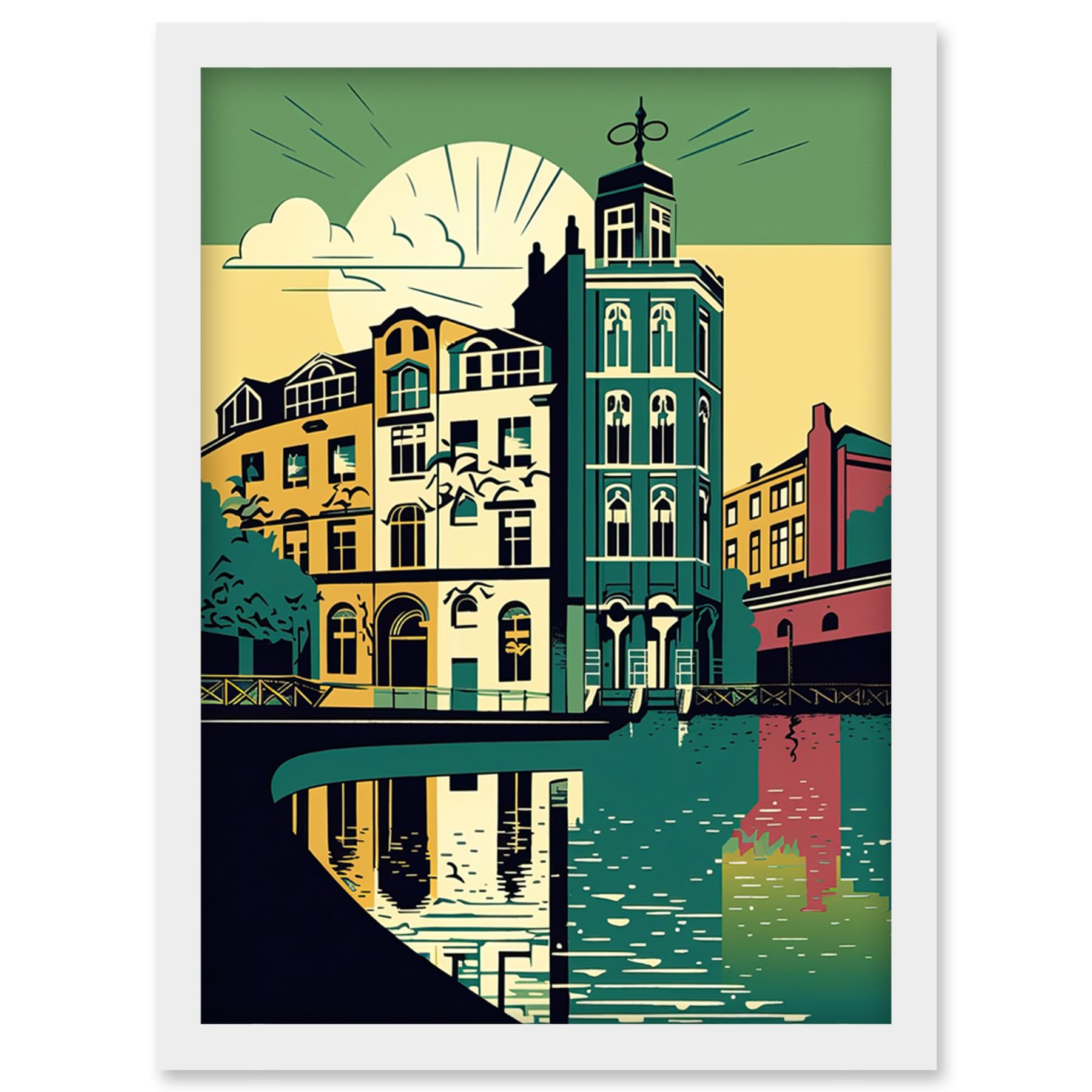 Artery8 Leeds City Architecture Waterfront Illustration Artwork Framed Wall Art Print A4