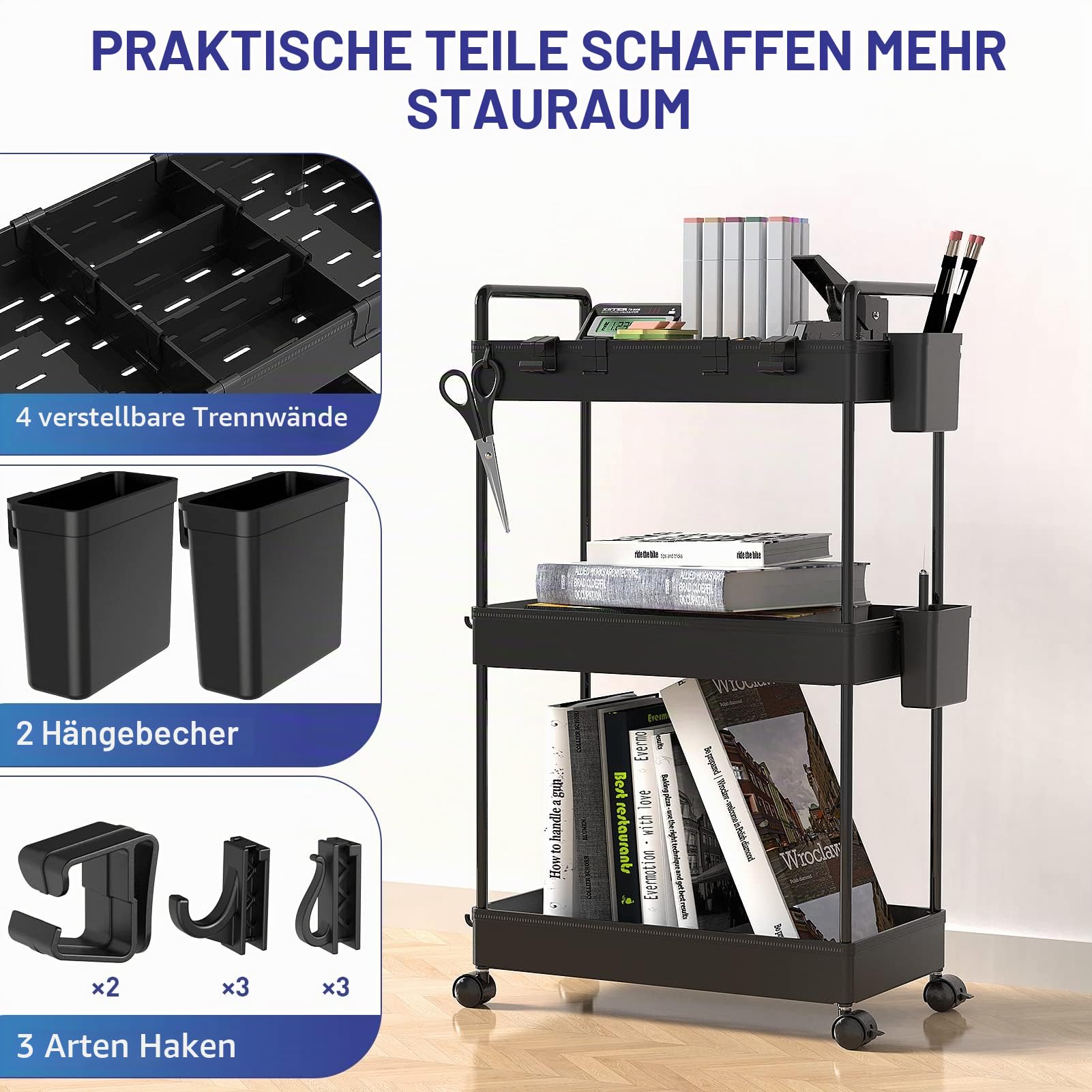 Ronlap Rollwagen Küchewagen mit 3 Ebenen, Servierwagen mit Aufhängebecher, Separator, Haken, Regal auf Rollen für Küche, Schlafzimmer, Büro, Schwarz