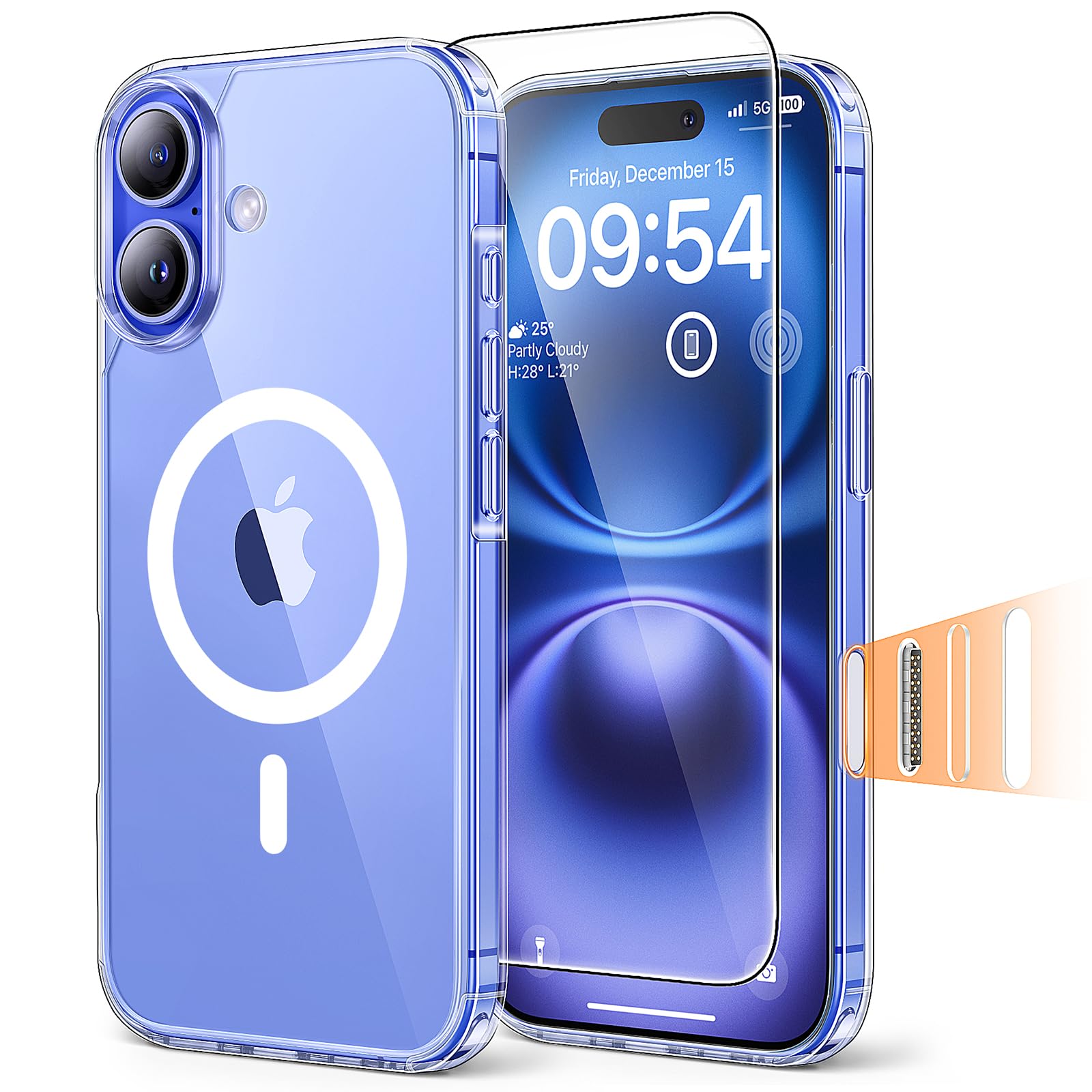 TAURI Cover per iPhone 16 con Controllo Della Fotocamera, con Pellicola in Vetro Temperato,Custodia per Sottile Antishock, Anticaduta- Trasparente
