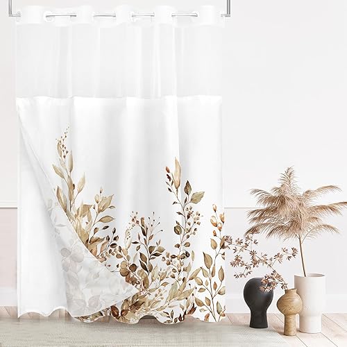 Vista 60 de Tititex - Juego de cortinas de ducha de eucalipto verde oliva, hojas de acuarela en la parte superior con decoración floral de baño, 60 x 72 Hojas