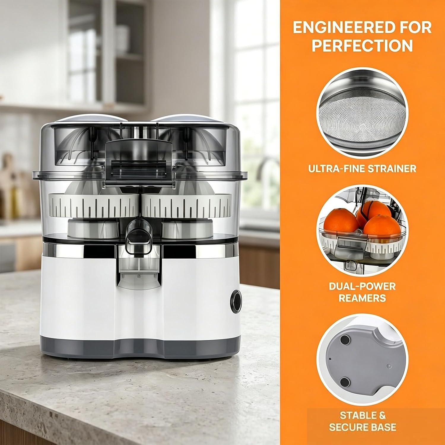 Automatic Dual Orange and Lemon Squeezer with Power Cord & Cleaning Brush, Dual-Head Automatic Citrus Juicer, Electric Orange Juicer Machine with Built-in Cutter and Cleaning Brushs (Black)