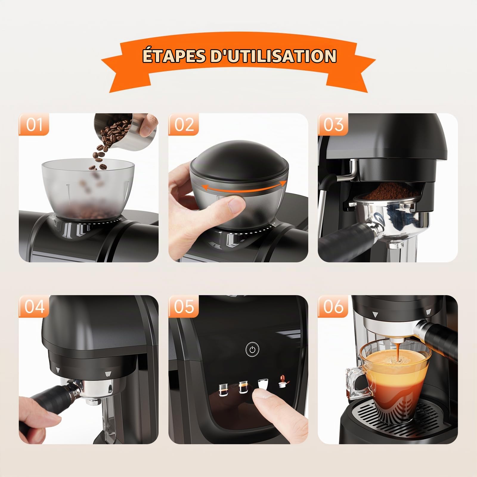 RECAFIMIL Machine à expresso 19 bars avec moulin à haricots, machine à café 2 en 1 pour café moulu, cappuccino et latte avec mousseur à lait, écran tactile, réservoir d'eau amovible (noir)