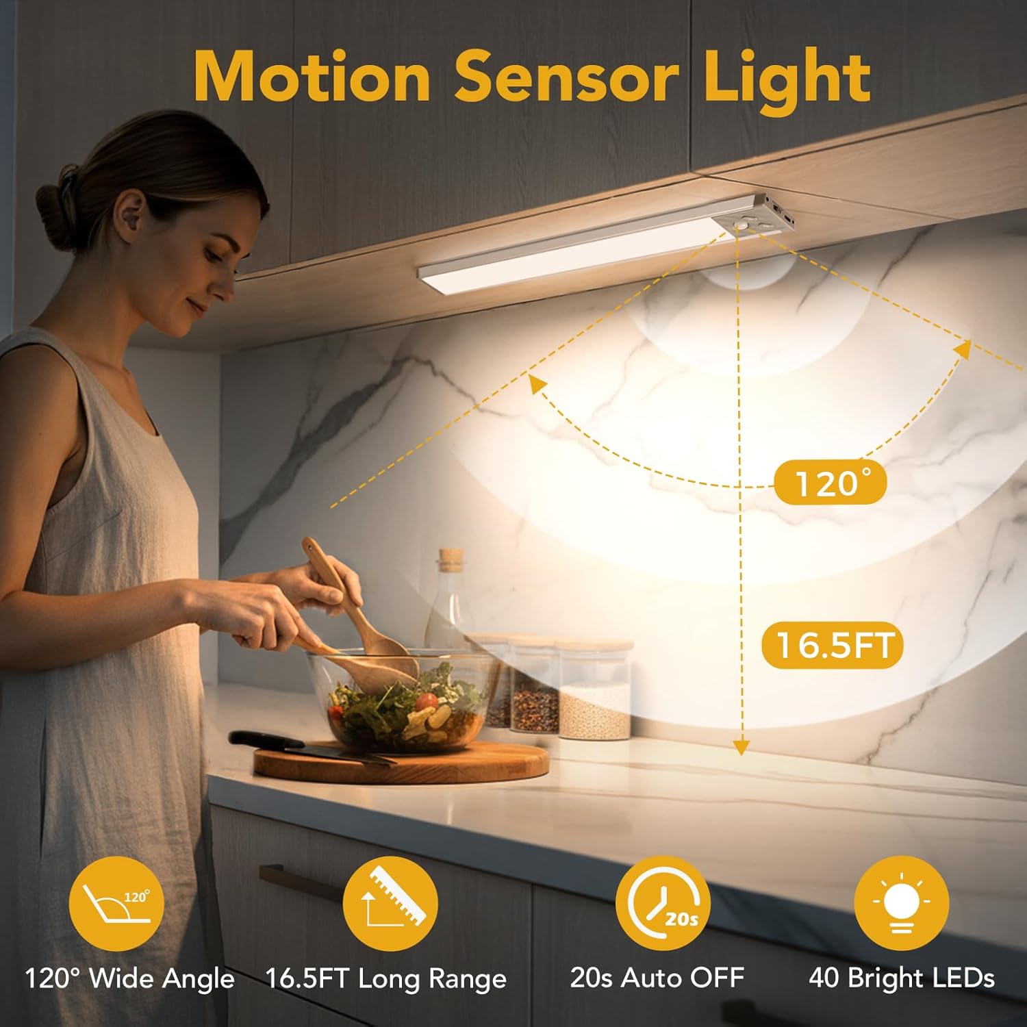 Under Cabinet Lighting, LED Motion Sensor Light Indoor with 3 Color Temps, 1500mAh USB Rechargeable Closet Lights, Dimmable Wireless Under Counter Lights for Stairway, Wardrobe, Kitchen(9Inch, 2 Pack)