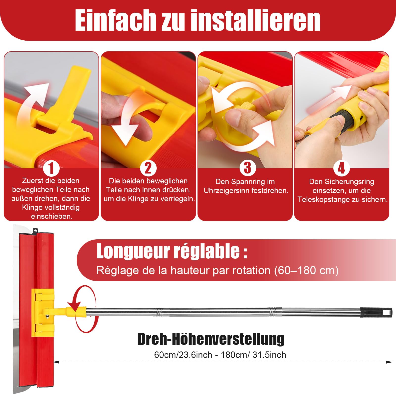 Kit plaquiste complet pour enduit et rénovation – Lame inox renforcée 60 cm avec perche télescopique 1,8 m, brosse 9”, blocs abrasifs, pour murs et plafonds