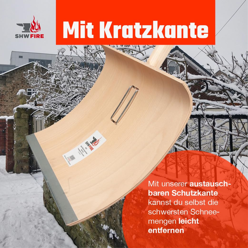 SHW-FIRE | Schneeschieber mit 50cm Schaufel und 150 cm Ovalstiel, Schaufel mit 5-Fach verleimtem Sperrholz mit Aluminium-Schutzkante Premium Schneeschaufel mit Buchenholzstiel | Made in Germany