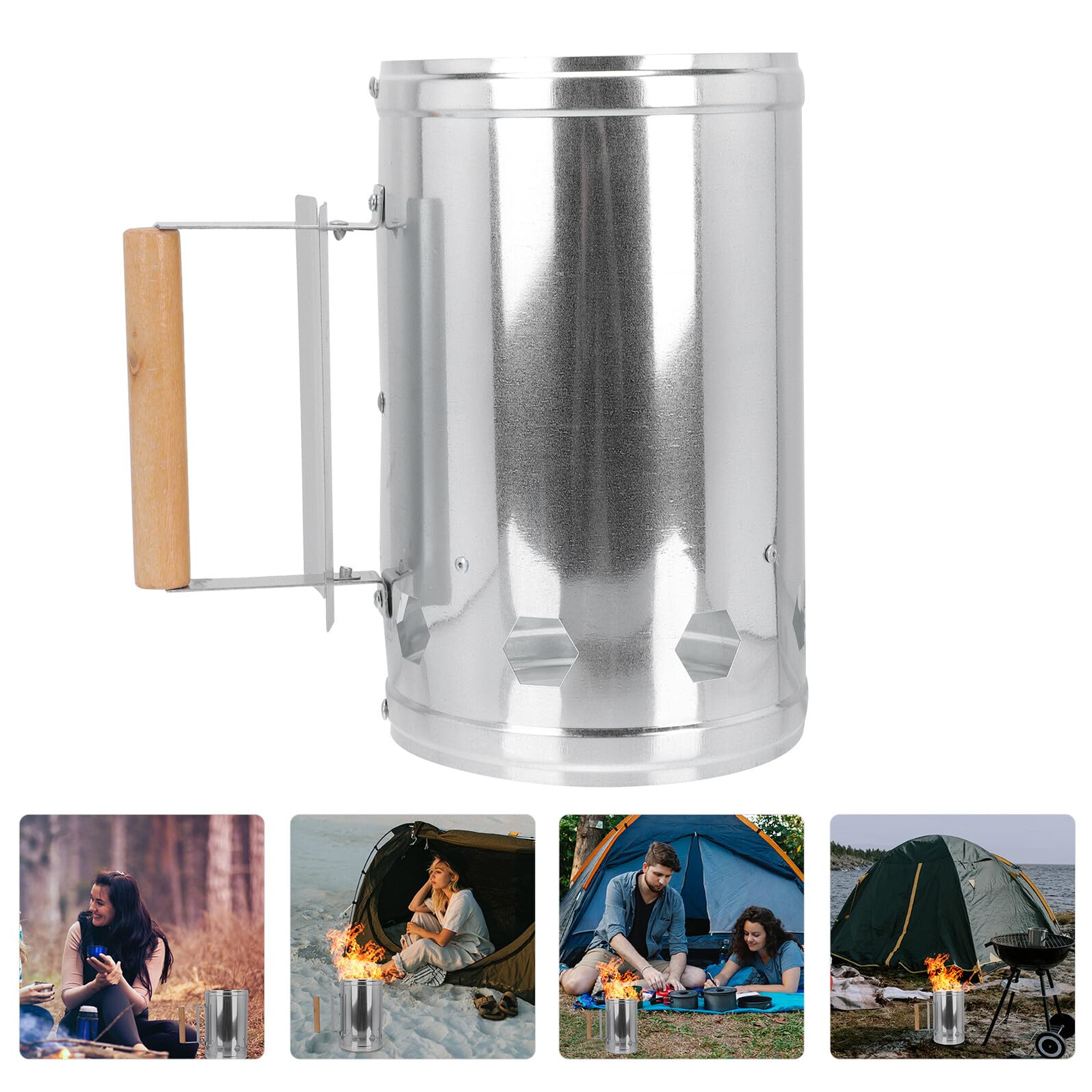 Secchio Accendifuoco Carbonella in Metallo Antiruggine con Manico in Legno Accensione Rapida per Barbecue Outdoor Campeggio e Picnic