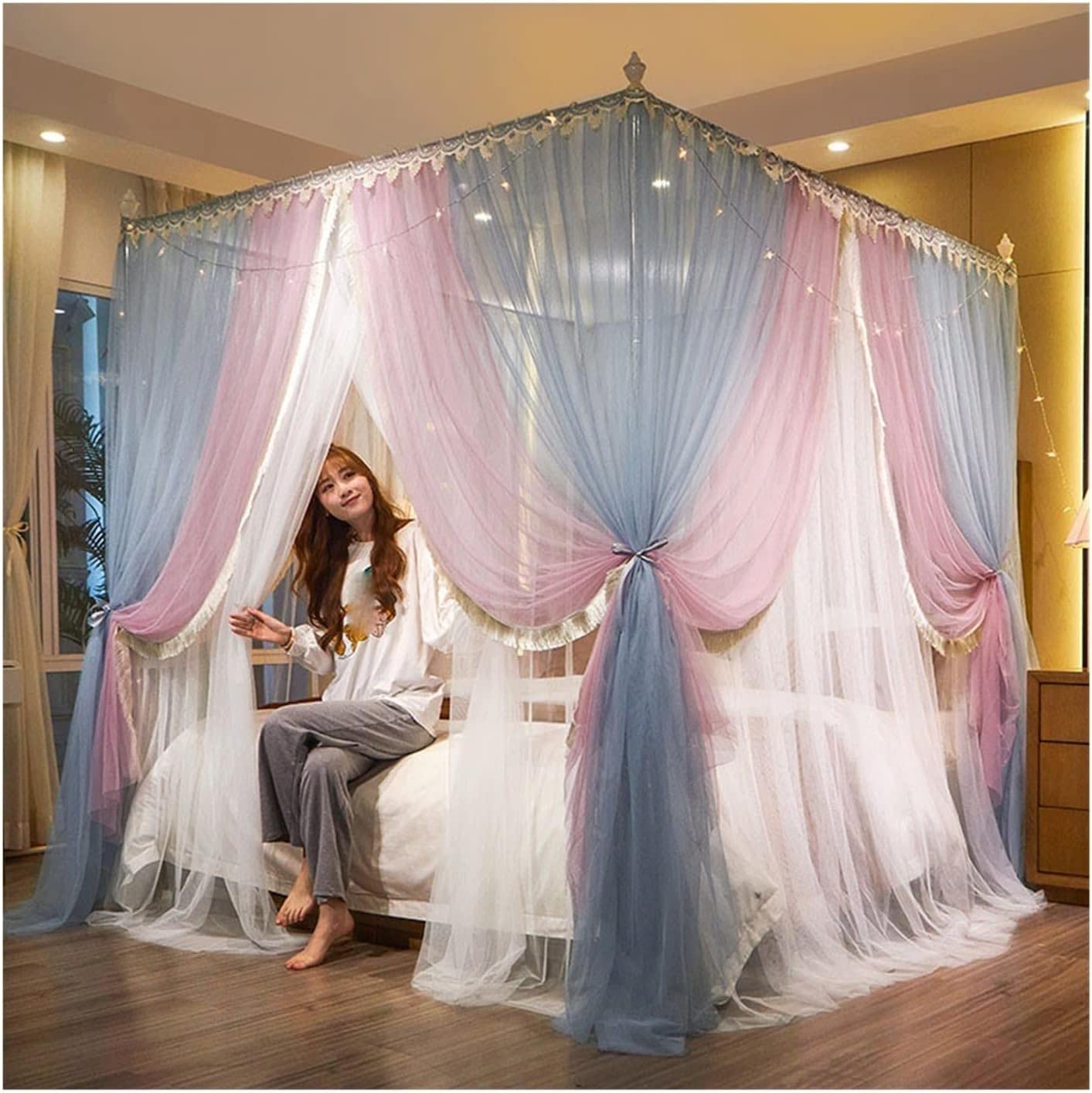 GTHTUHFD Mosquito Net Bed Canopy, Double Layer Design, Luxury Bedroom Decoration With 4 Pole Support For Effective Insect Protection,Style 3-200x220x200cm