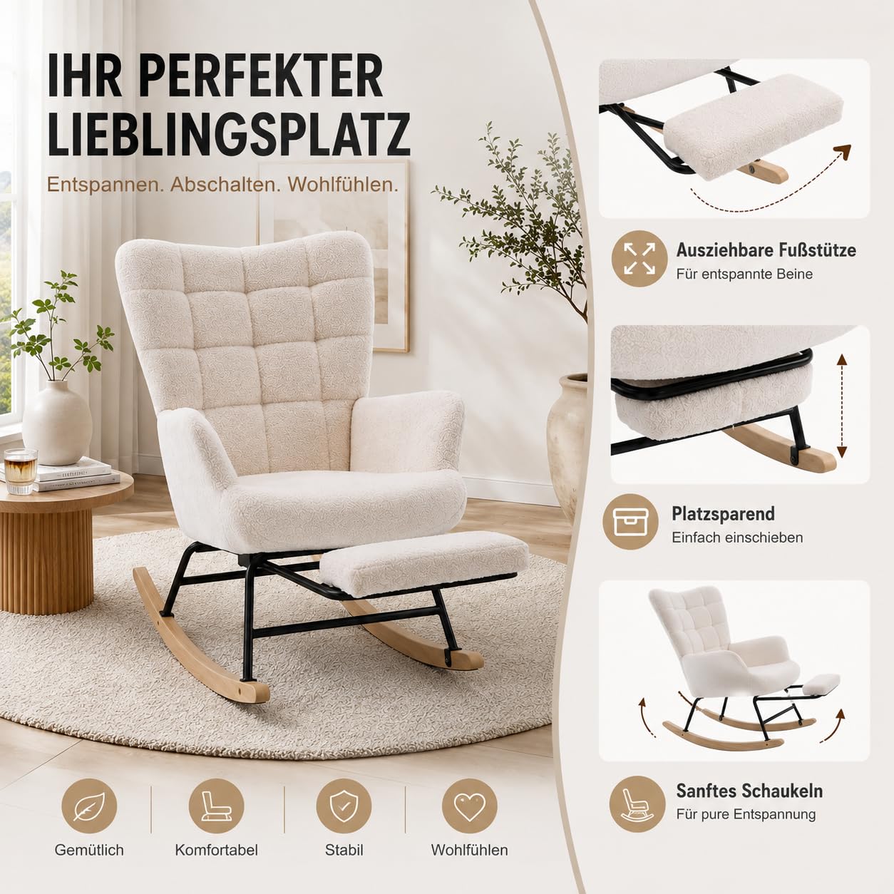 Schaukelstuhl mit Fußstütze, Sherpa Sessel, Beige, Gepolstert