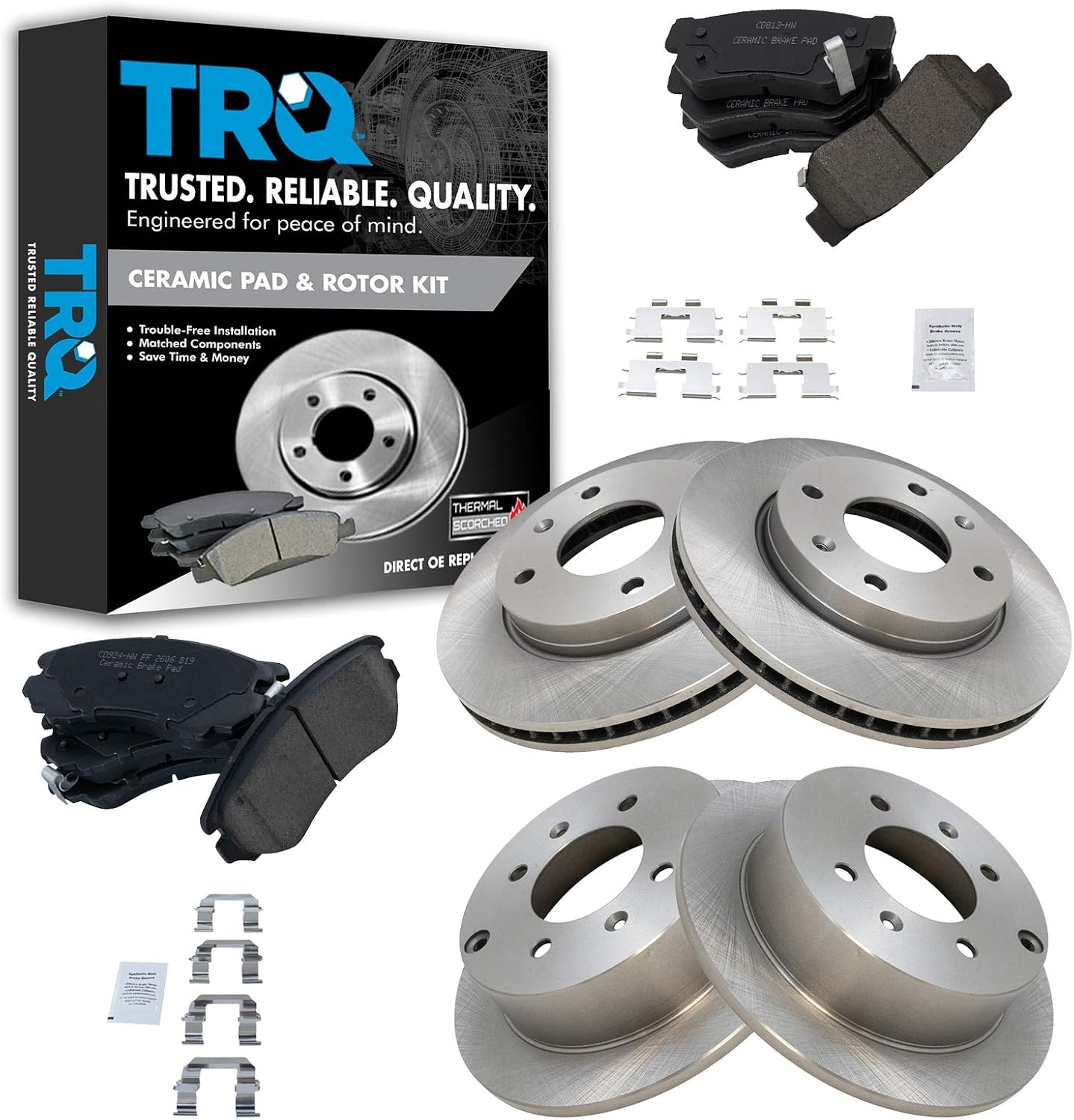 TRQ Front and Rear Brake Pad & Rotor Kit Brake Pads Brake Rotor Ceramic Compatible with 2003 Hyundai Sonata 2002 Kia Optima