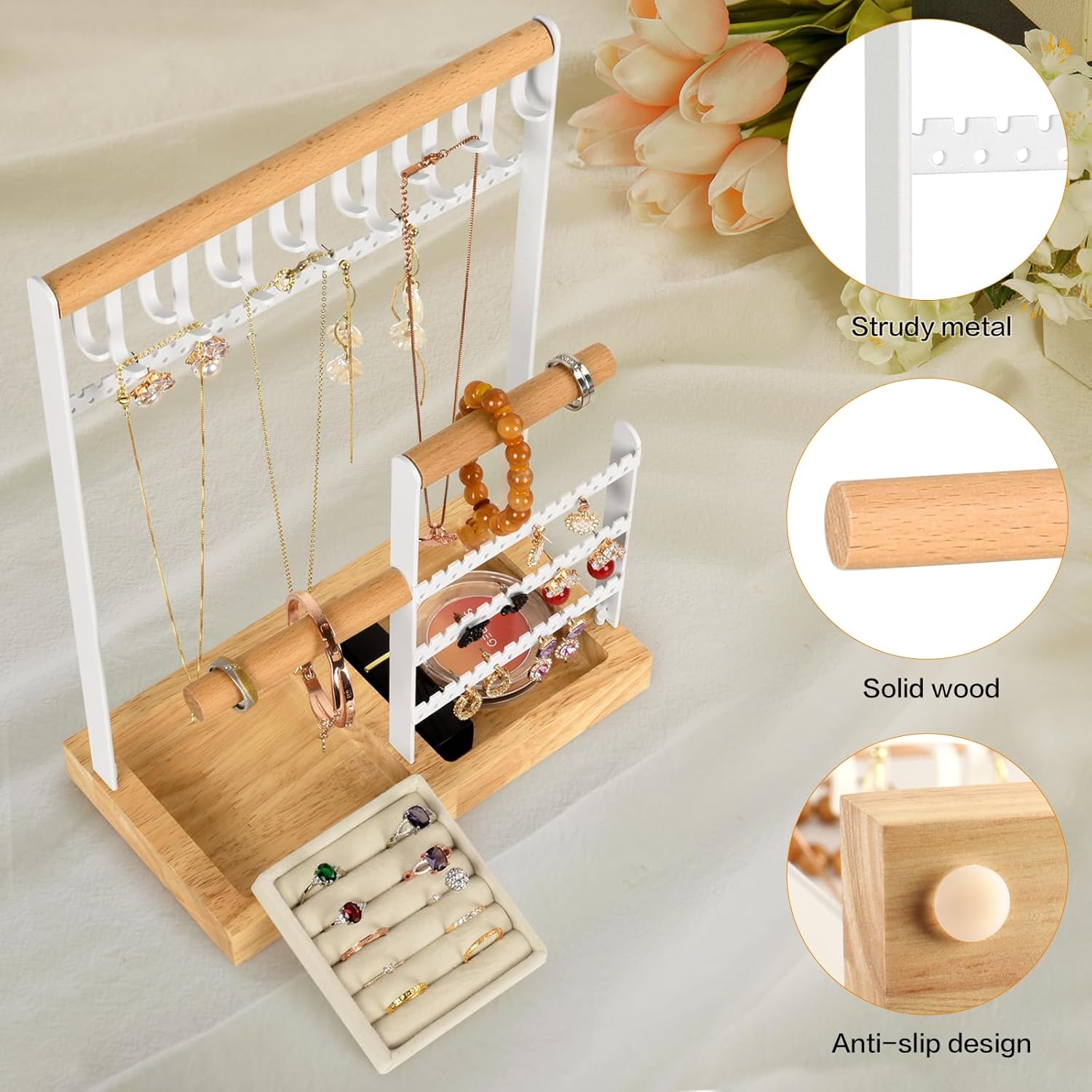 PAMANO Jewelry Organizer with Ring Tray, 15 Hooks Hanging Necklaces, 2 Wooden Bracelet and Metal Display Stand for Watches Earring, Gifts for Women and Girls - Image 3