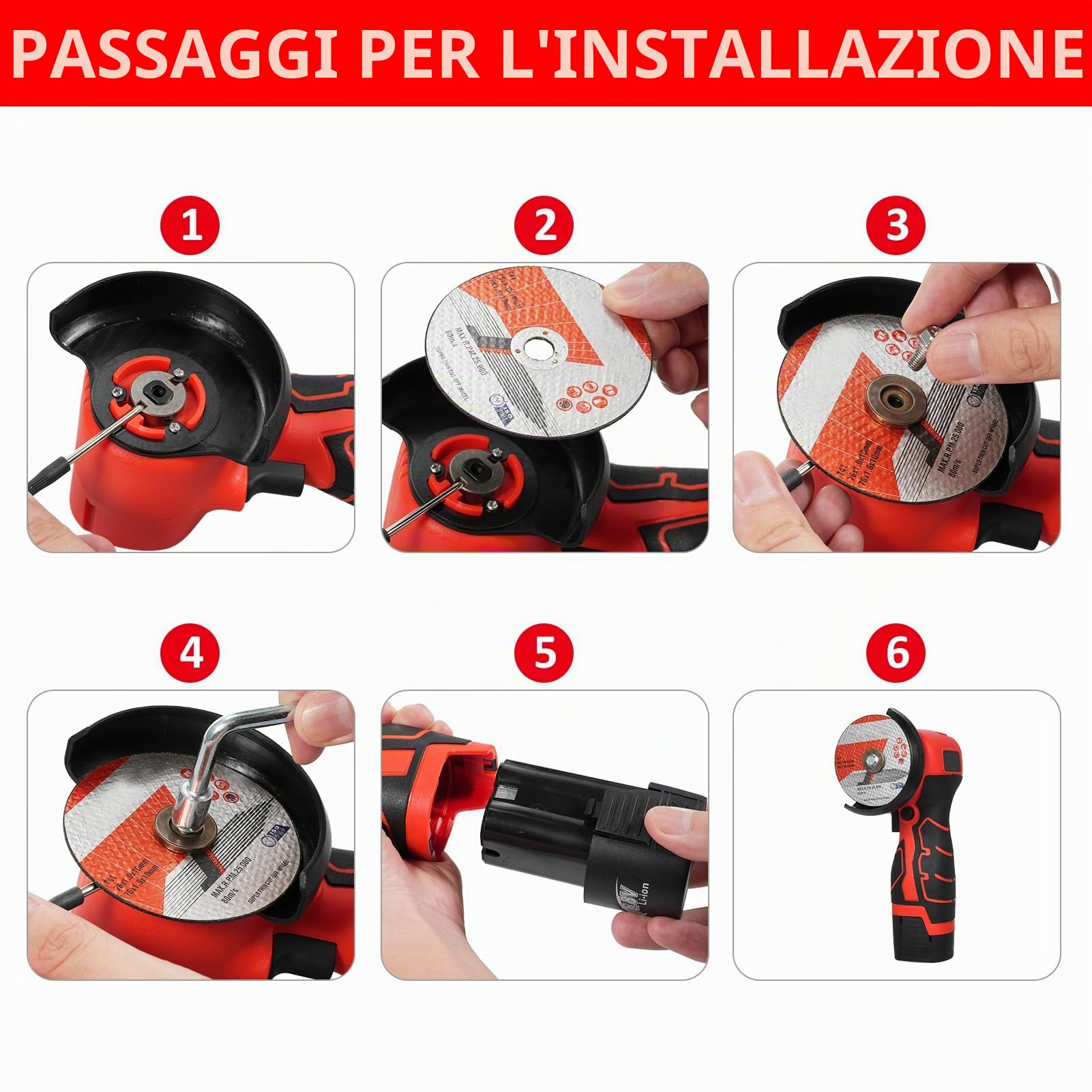 Smerigliatrice angolare senza fili, strumento di levigatura elettrico, 7000 giri/min, mini smerigliatrice con 2 batterie da 16,8 V, 2000 mAh e disco abrasivo per tagliare la mattonella