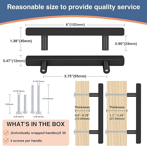 Miniatura 6 de Paquete de 30 manijas cuadradas de gabinete de 6 pulgadas, tiradores de cajón color negro mate, manijas de cocina centrales de 3-34 pulgadas para