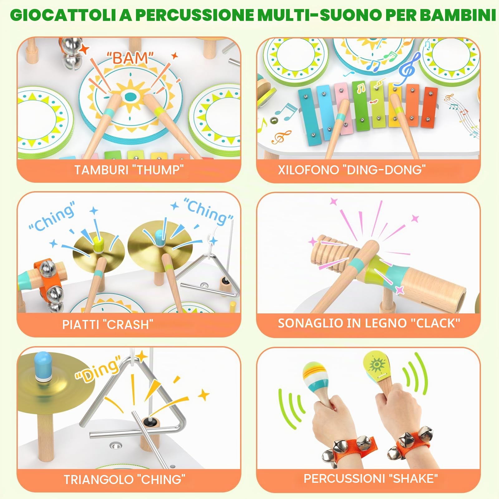 Batteria 12‑in‑1 Bambini 1‑3 Anni, Tavolo Strumenti Musicali Bambino, Giocattoli Legno Montessori con Xilofono, Bonghi, Piatto, Maracas & Campanelli da Polso, Regalo Bambino Bambina Bambina 1 2 3 Anni