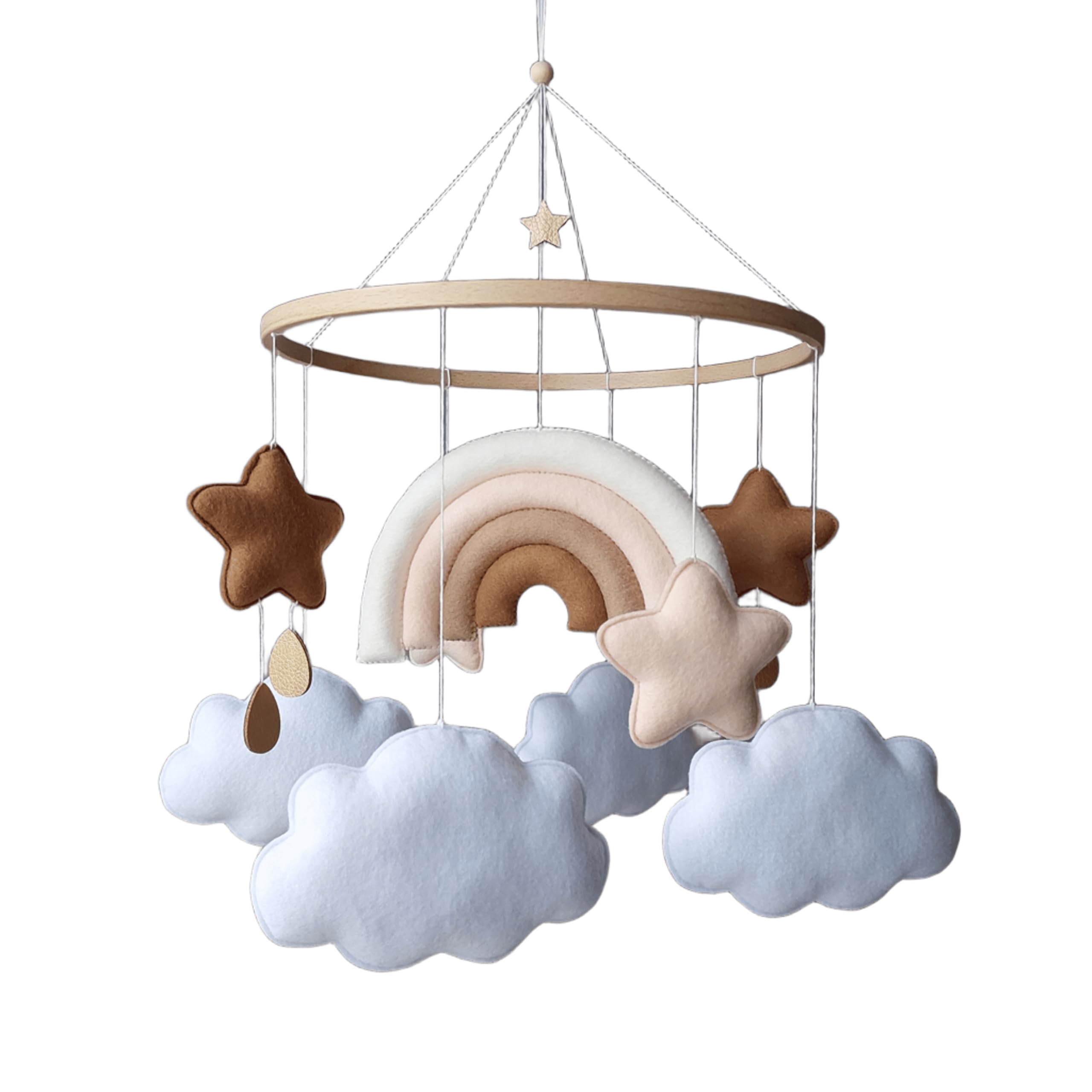 Regenbogen Baby Mobile – Neutrales Filz-Mobile mit Wolken & Sternen – Handgemachte Boho Deko fürs Babyzimmer – Hängemobile fürs Babybett oder die Wiege