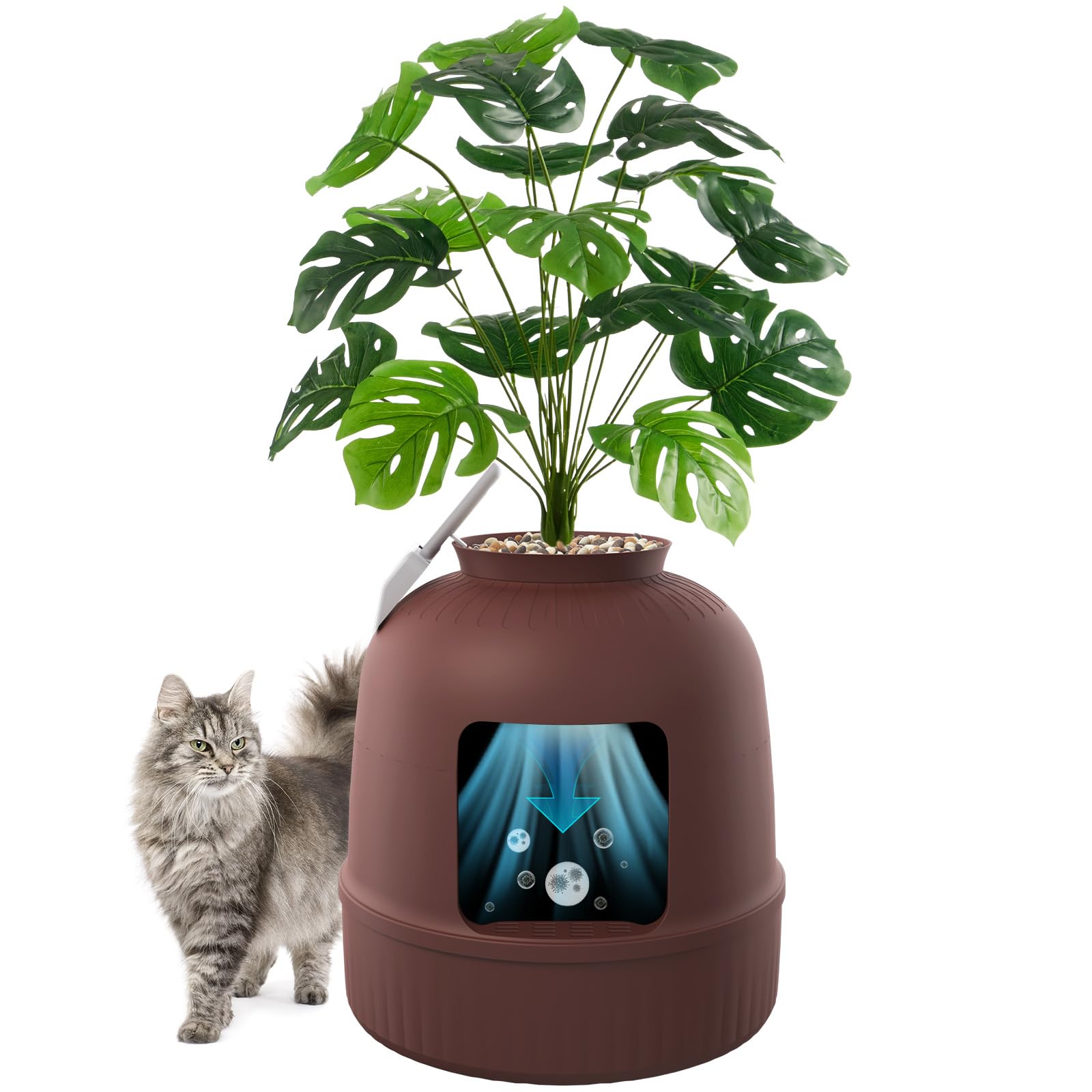 Lifewit Litter Box with Faux Plant & Scoop for Large Cat, Hidden Corner Enclosure Litter Tray with Odor Control & Carbon Filter in Living Room/Bedroom/Bathroom, Brown