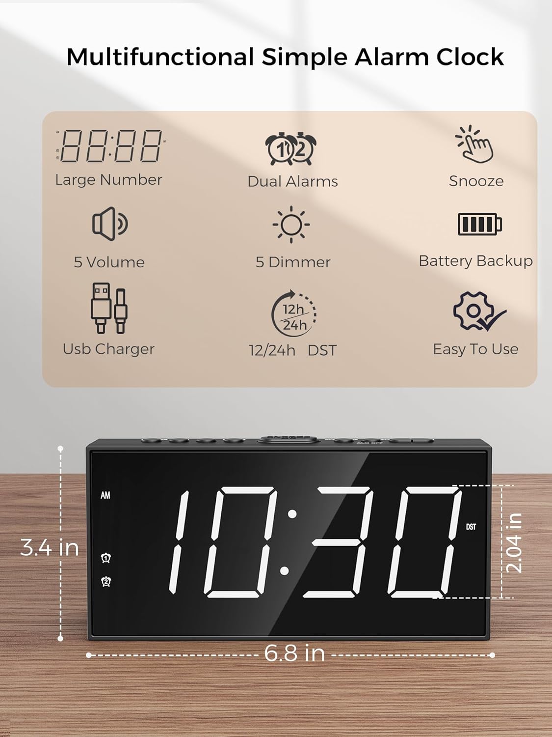 Versatile Loud Alarm Clock with USB Charging and Adjustable Display for All Ages