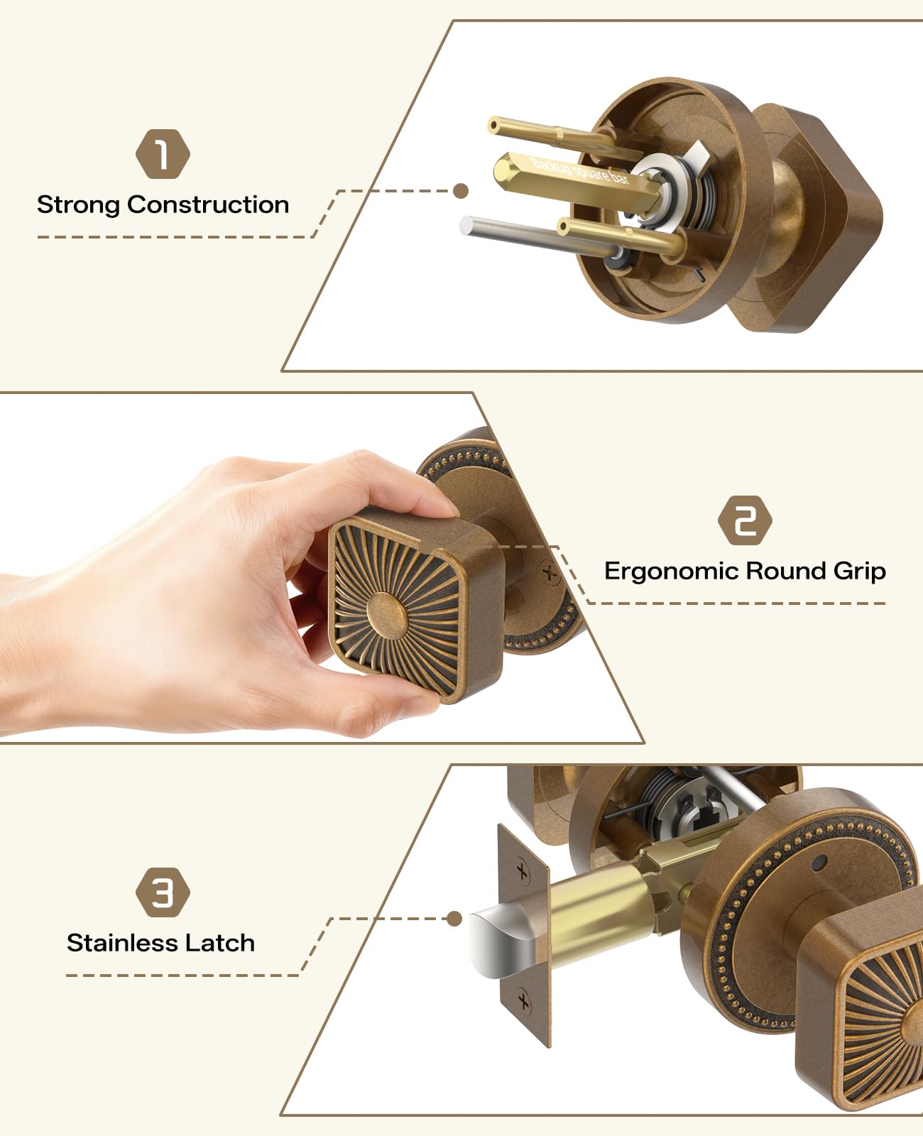 Antique Brass Door Knobs with Lock - 4 Pack -6