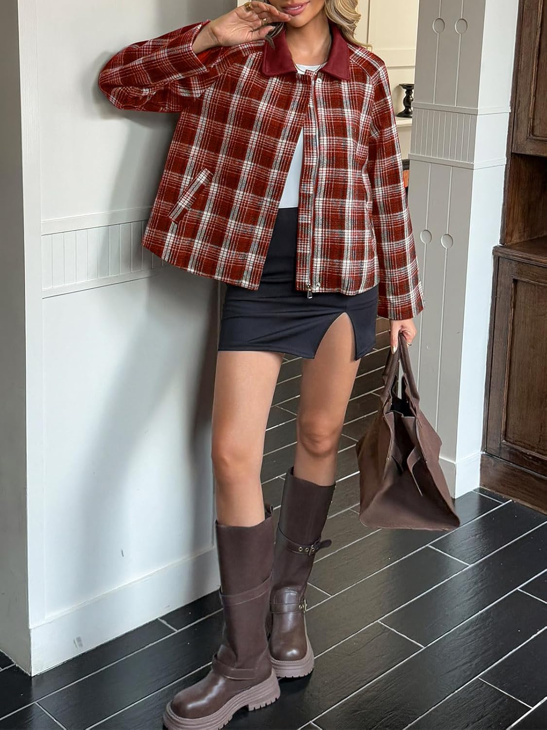 Tankaneo Womens Plaid Cropped Jackets Barn Lightweight Flannel Zip Up Utility Coat Casual Short Jacket with Pockets - Image 5