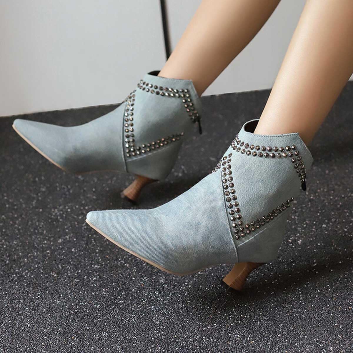 Artykey Damskie botki na średnim obcasie szpiczasty nosek seksowne szpilki gotyckie botki moda na co dzień buty outdoorowe jesień zima buty, NIEBIESKI, 41 EU