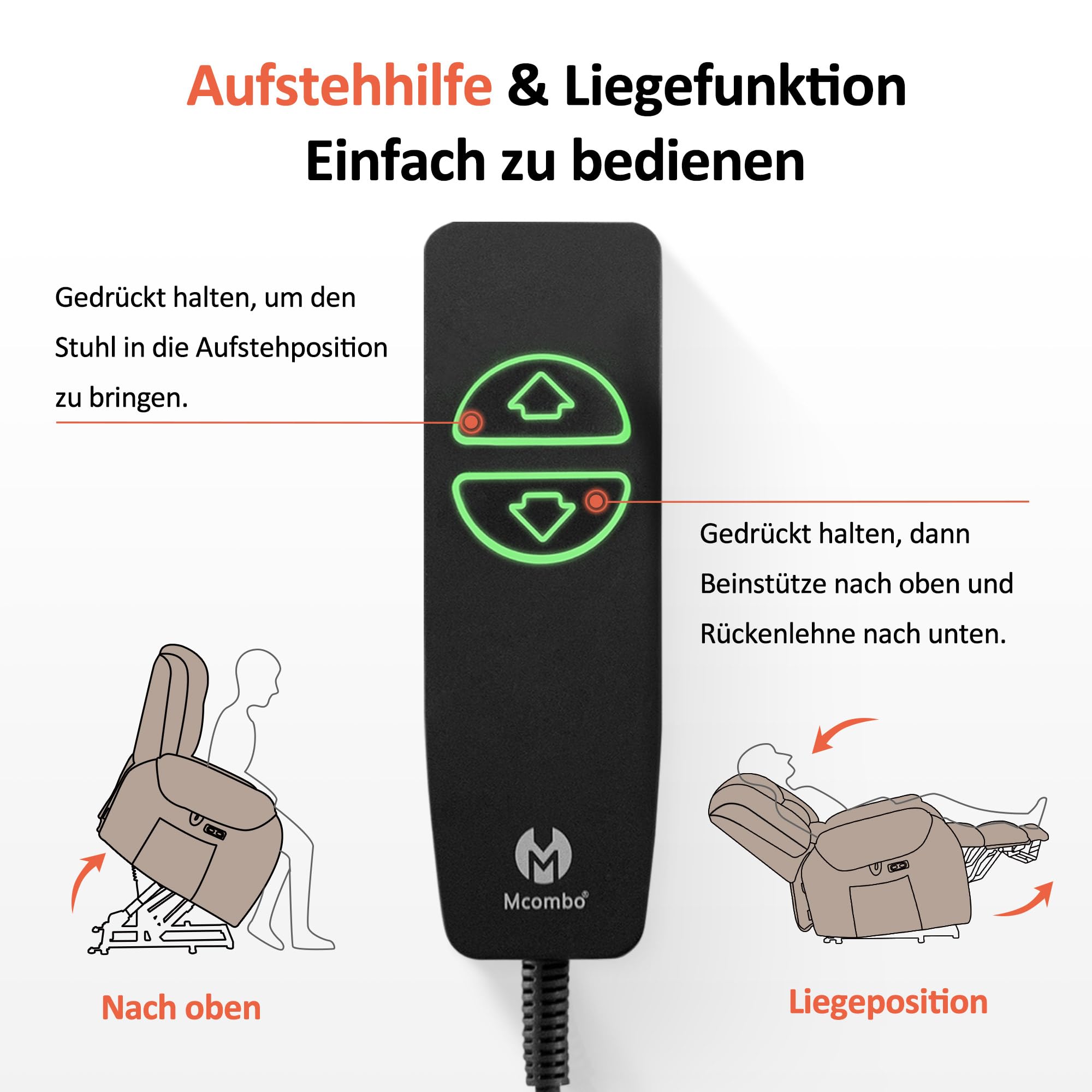 M MCombo Fernsehsessel mit Aufstehhilfe Elektrisch, mit Massage & Heizung, Relaxsessel mit Liegefunktion bis 145° 35D Vollschaum-Sitzkissen Versteckte Becherhalter 7252 (Mikrofaser, Beigebraun)