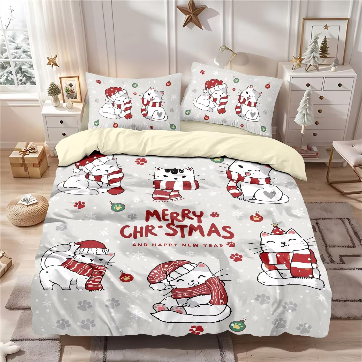 Parure de lit 260x240 Joyeux Noël avec housse de couette imprimé chaton en microfibre