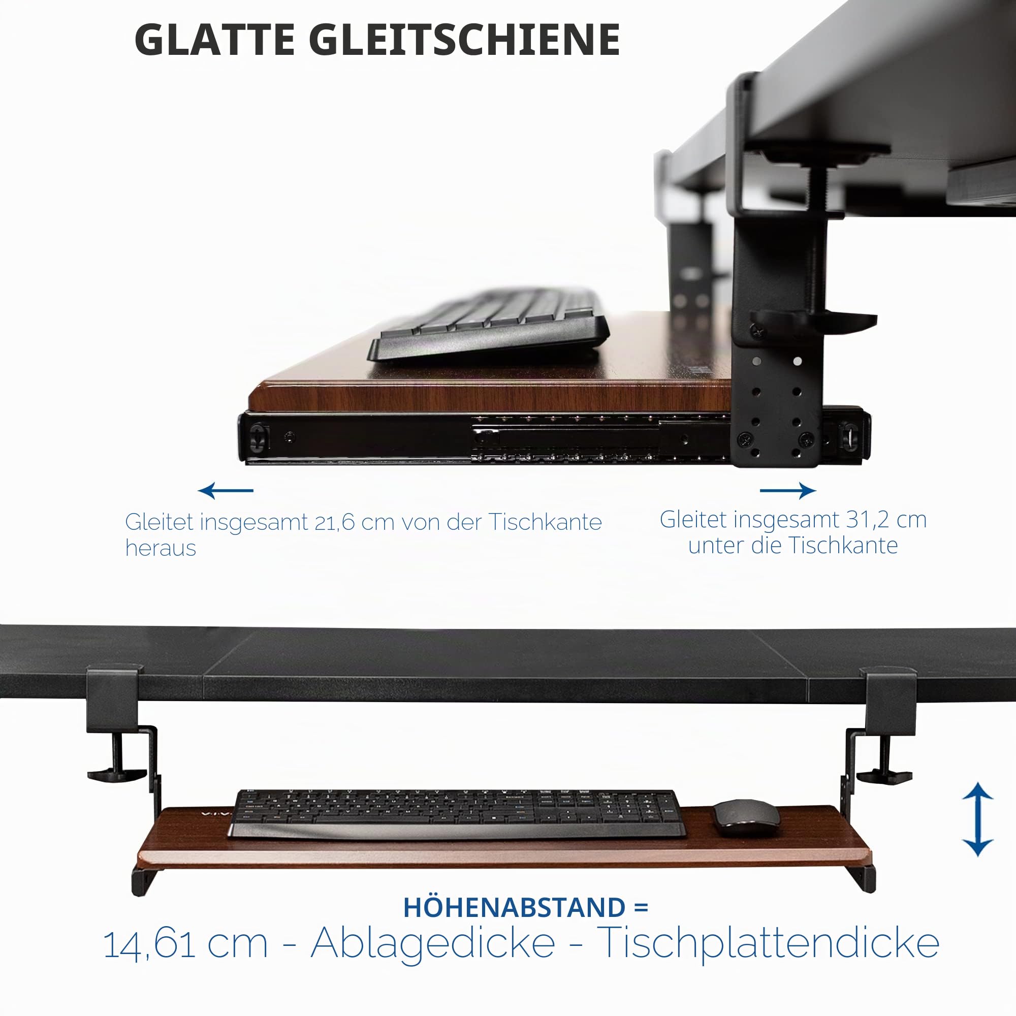 VIVO MOUNT-RAIL02H Höhenverstellbare Klemme und 30,5 cm Schienenset für DIY-Holz-Tastaturablagen (Ablage nicht enthalten), Untertisch-Auszugsschiene mit C-Klemmen-Befestigungssystem, Schwarz