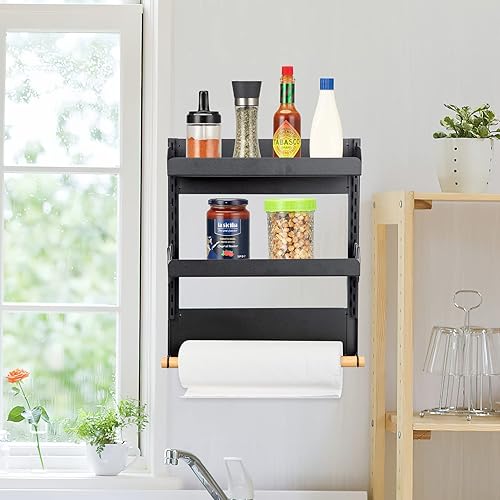 Miniatura 5 de Fashionwu Estantes magnéticos para especias para nevera, organizador de especias magnético de 2 niveles con soporte para toallas de papel para
