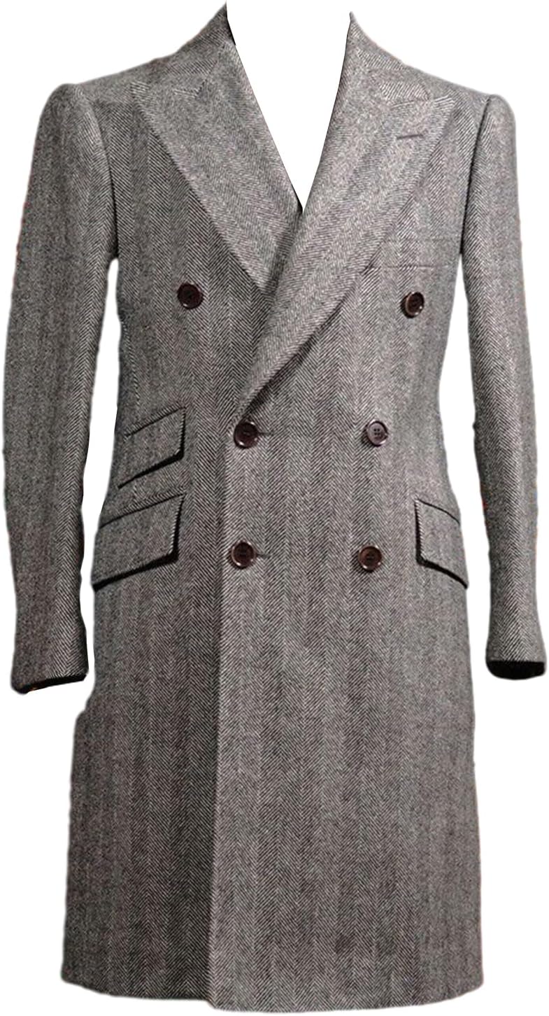 Men's Herringbone Tweed Coat Long Double Breasted Buttons Peak Lapel Overcoat for Party/Prom/Business