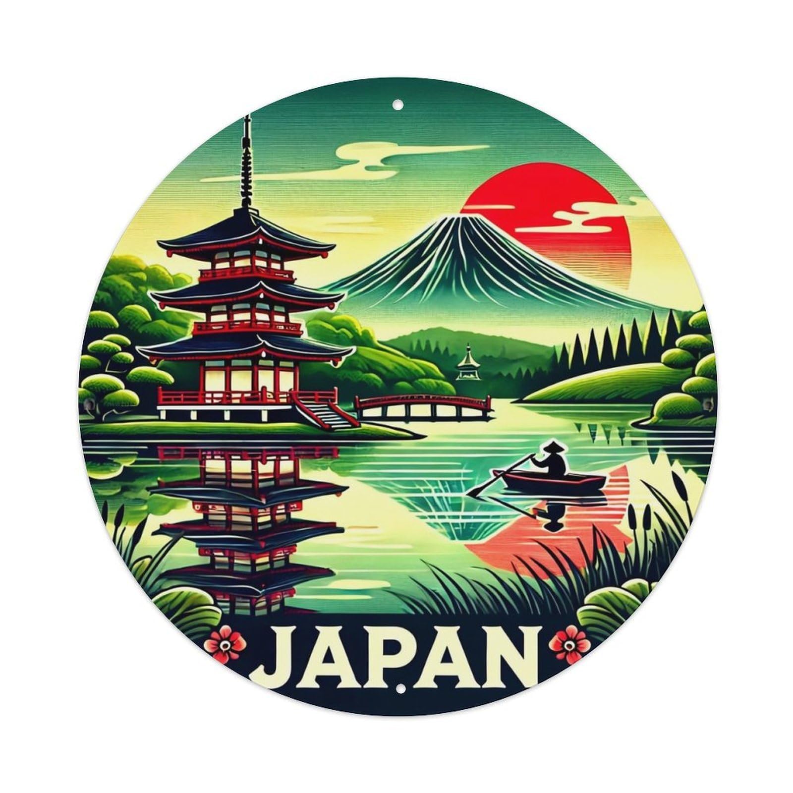 Japanese Landscape With Pagoda And Mount Fuji Vintage Round Tin Sign Retro Metal Wall Decor Metal Poster, Home Bar Garage Cafe Wall Art Decoration 8x8Inches