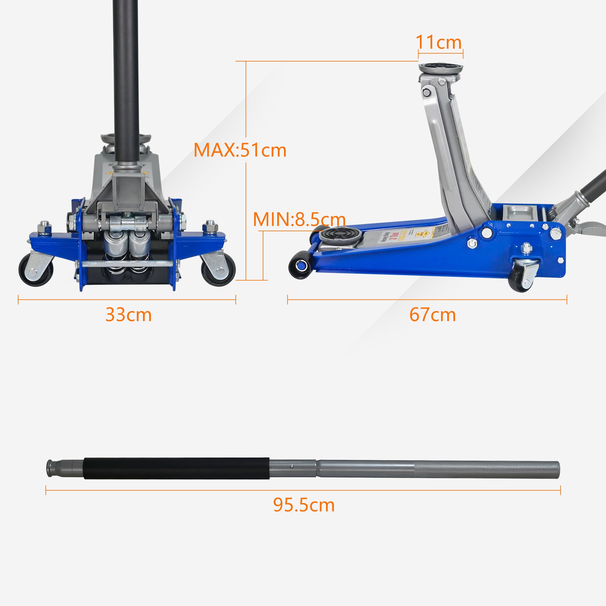 Cric idraulico a carrello 3T, con doppia pompa, altezza di sollevamento 75-505 mm, ruote a 360°, blu/argento, per auto e SUV