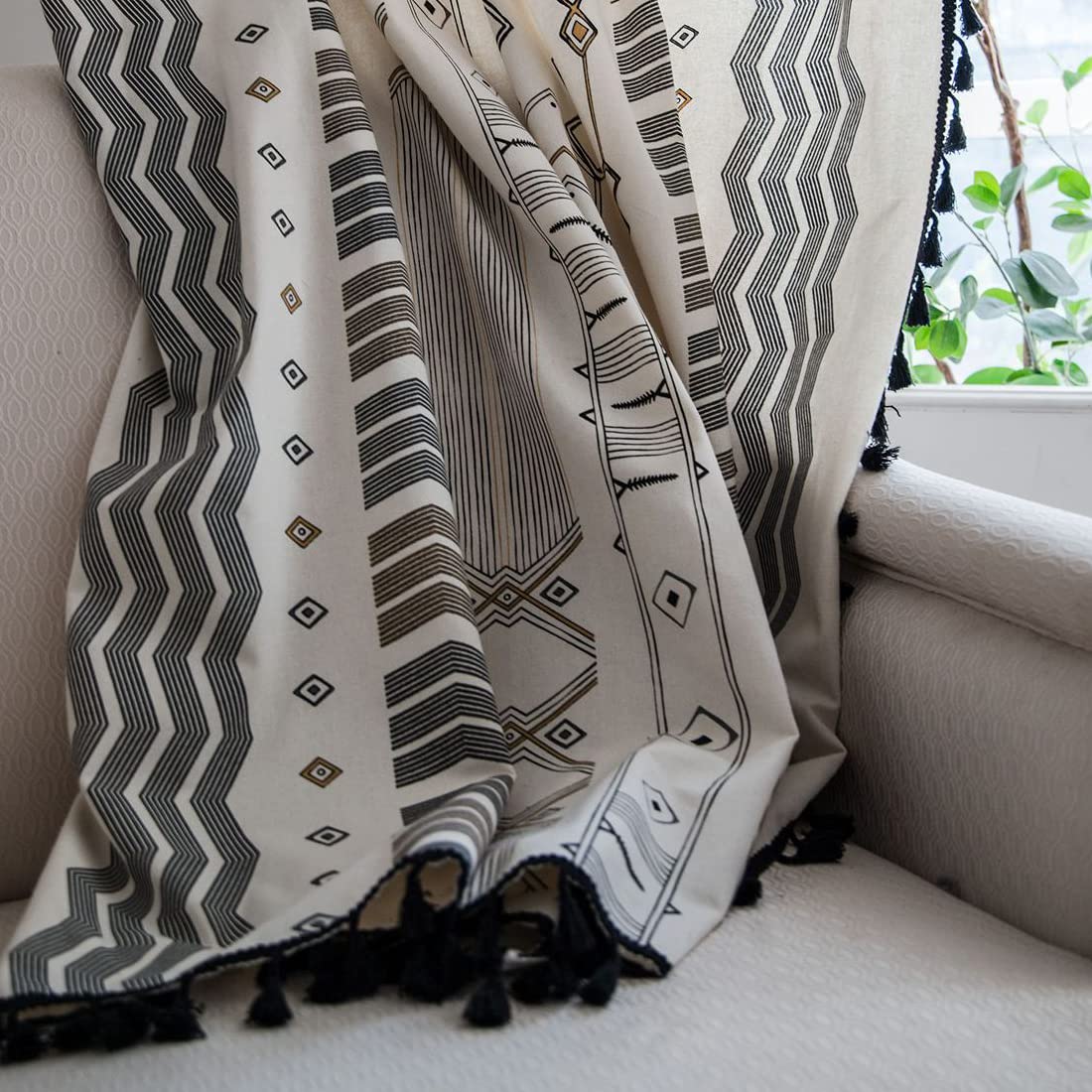 Boho Vintage - Tende con pompon semioscuranti, con occhielli, in cotone e lino, per soggiorno, camera da letto, motivo B, 150 x 220 cm