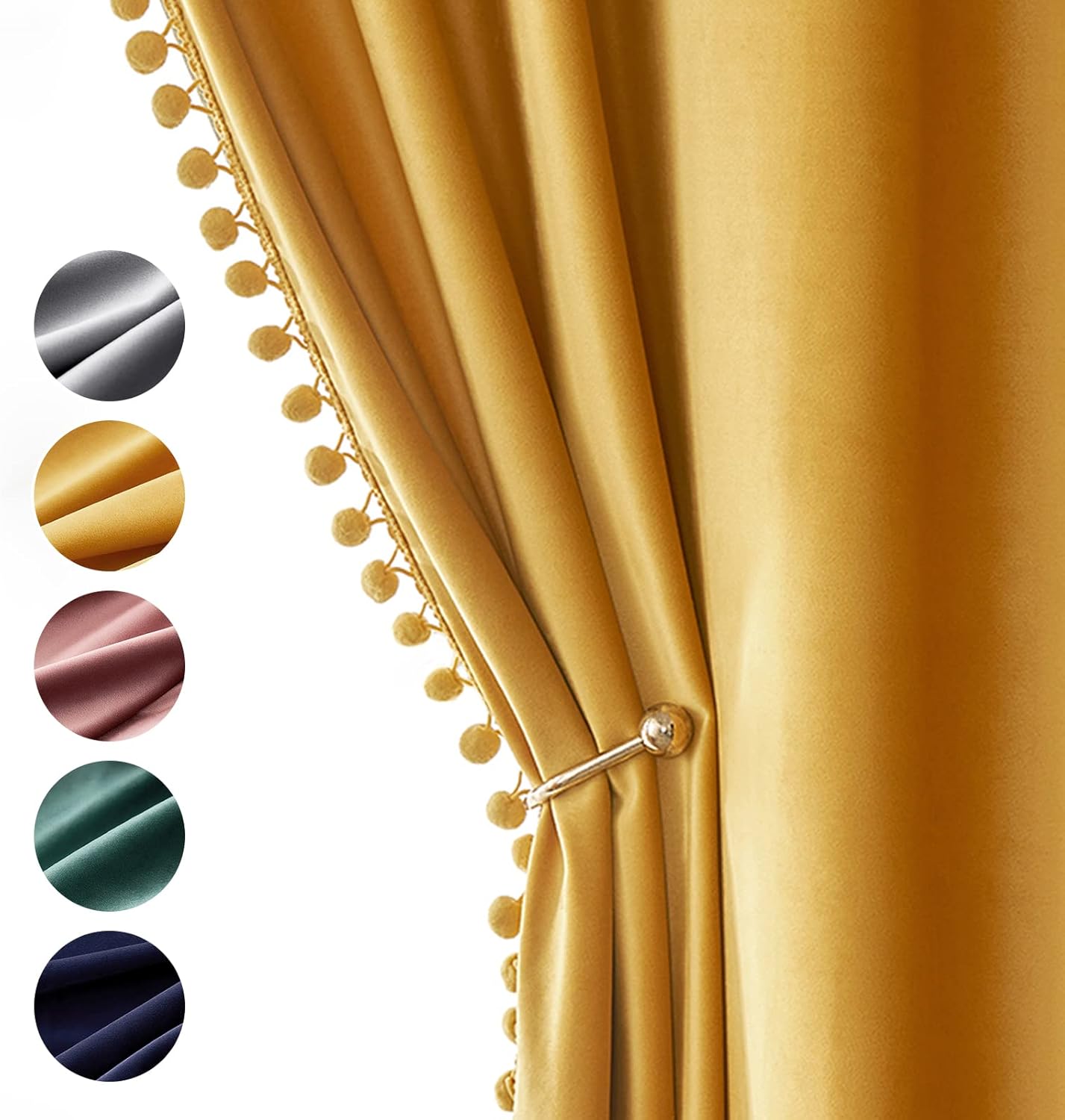 MIULEE Mustard Yellow Pom Pom Velvet Curtains for Fall Bedroom/Living Room Darkening