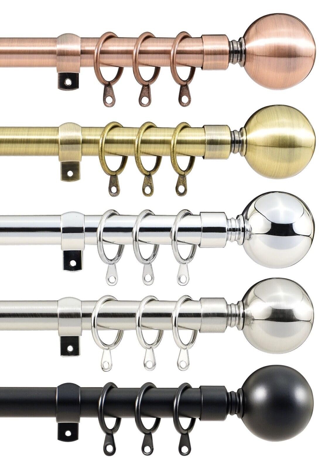 Extendable Curtain Pole Rod With Large Ball Finials, 28mm, 5 Finishes, Antique Copper, Brass, Chrome, Brushed Chrome, Matt Black (3m - 4m, Brushed Chrome With Rings)