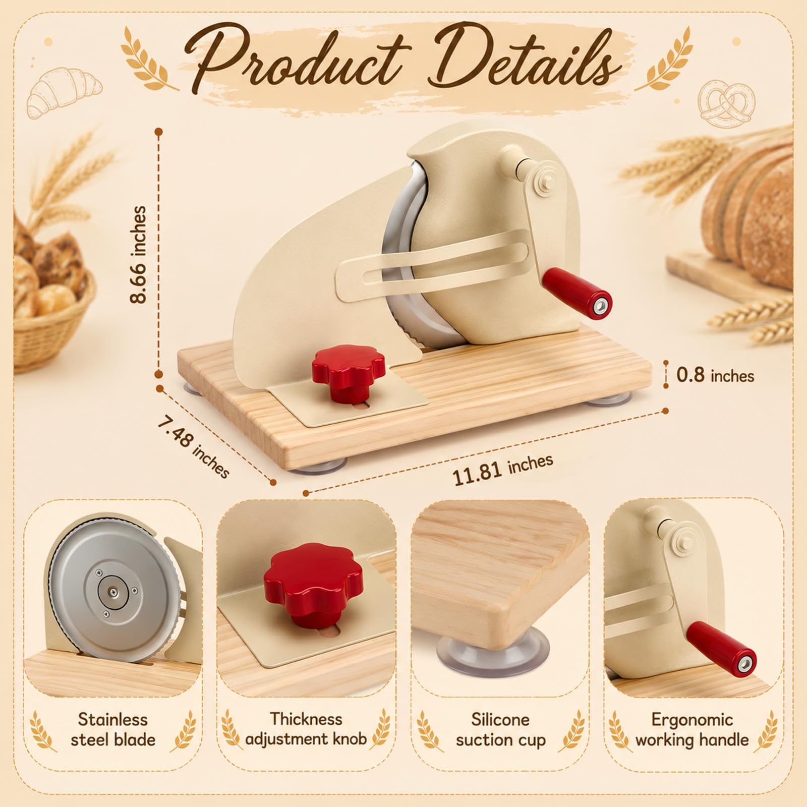 Affettatrice Manuale per Pane con Lama Acciaio, Spessore 0-28mm Regolabile | Affettatrice pane manuale–lama acciaio inox,spessore 0-28mm regolabile,manovella,base legno antiscivolo–per casa & panetteria