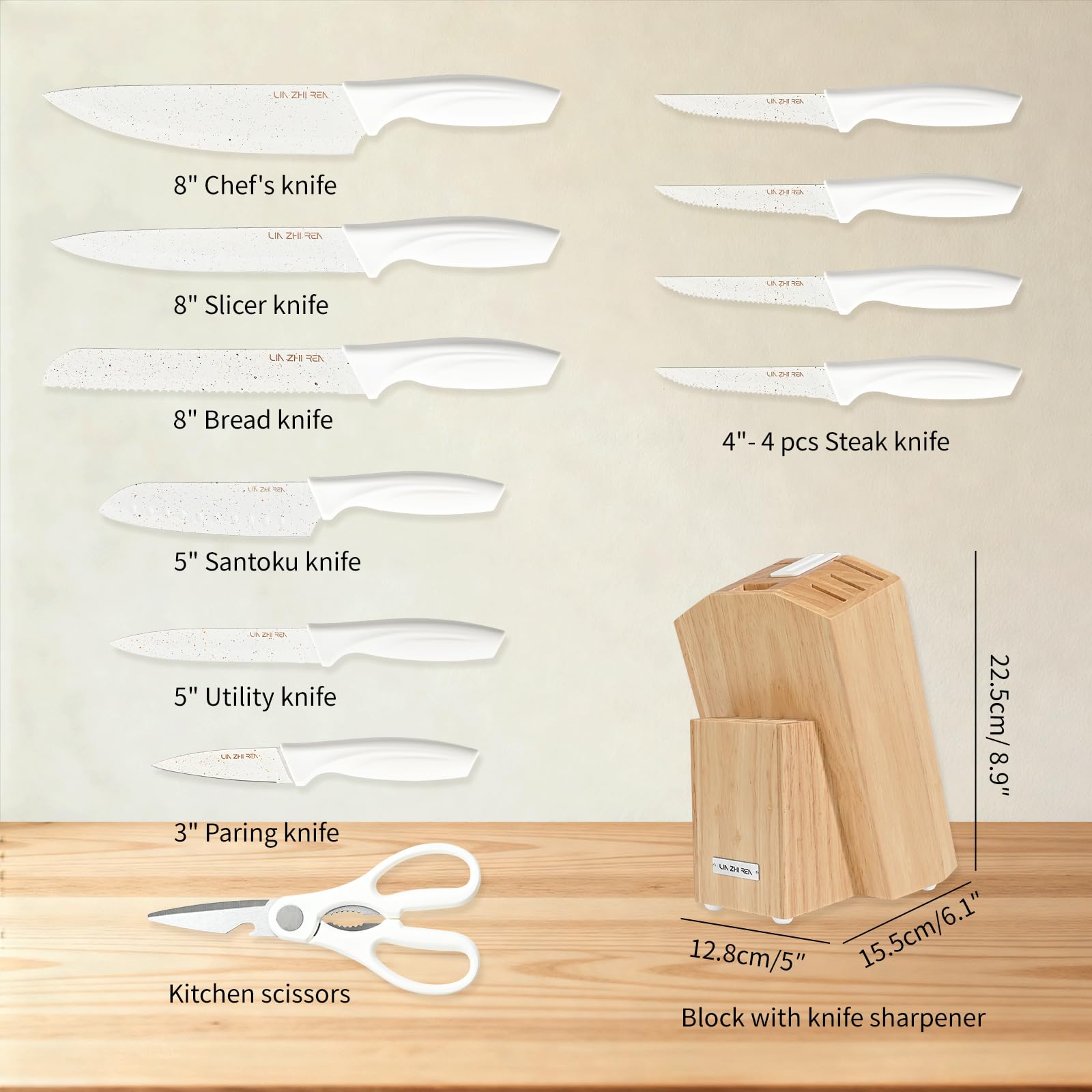 Juego de 13 Cuchillos de Cocina con Bloque y Afilador Integrado | Acero Inoxidable | Mango Ergonómico Antideslizante | Apto para Lavavajillas | Color Blanco