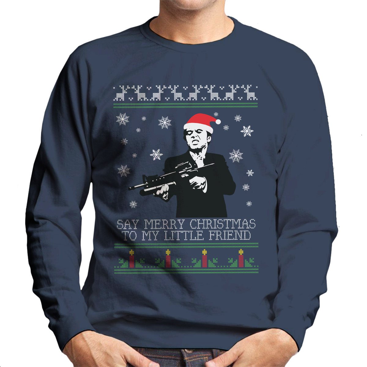 Cloud City 7 Men's Navy Blue Merry Christmas Little Friend Scarface Christmas Knit Sweatshirt