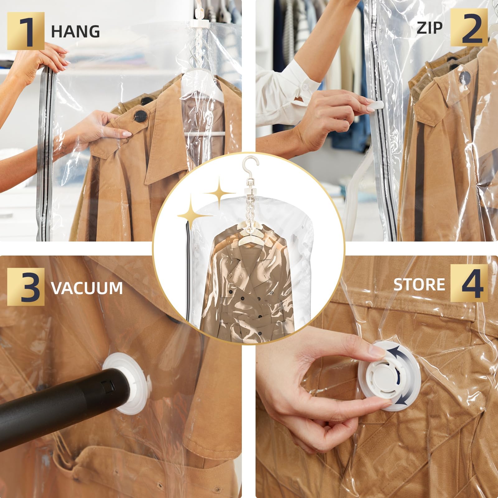 TAILI Bolsas de almacenamiento al vacío colgantes para ahorrar espacio, 6 bolsas de sellado al vacío transparentes para ropa, trajes y chaquetas, organizadores de armario y almacenamiento
