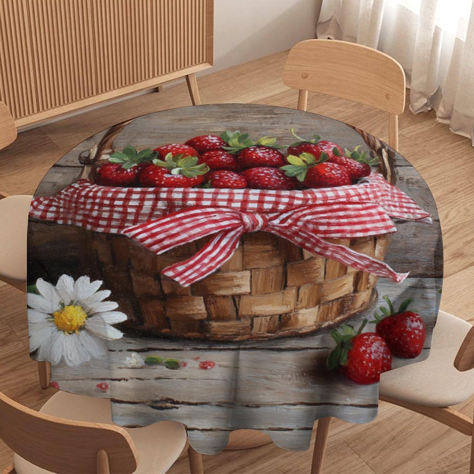 LUYYSKY Classic Rustic Fruit Strawberry Waterproof Round Tablecloth Vintage Oil Painting Wooden Board Daisies Flowers Strawberry Washable Table Cover for Kitchen-152.4" Wx152.4 L cm