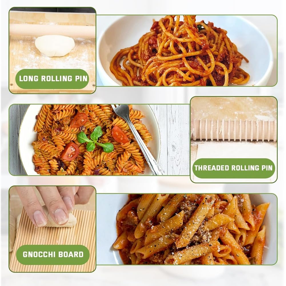 Strumenti per la Preparazione della Pasta - Kit in Legno Include Mattarelli Filettati, Mattarello Lungo e Stendibiancheria Rotante.