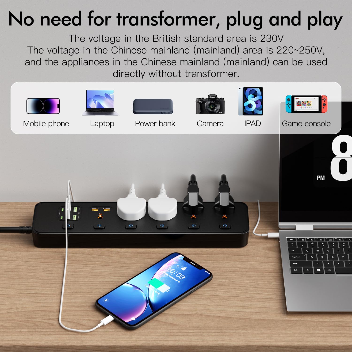 Listwa zasilająca uniwersalna z pojedynczym przełącznikiem, 5 uniwersalnych gniazd, maks. 3250 W, kabel sieciowy 1,8 m, 4 x 20 W USB-C i 2 x USB-A, listwa zasilająca z USB C (powerstrip-1)