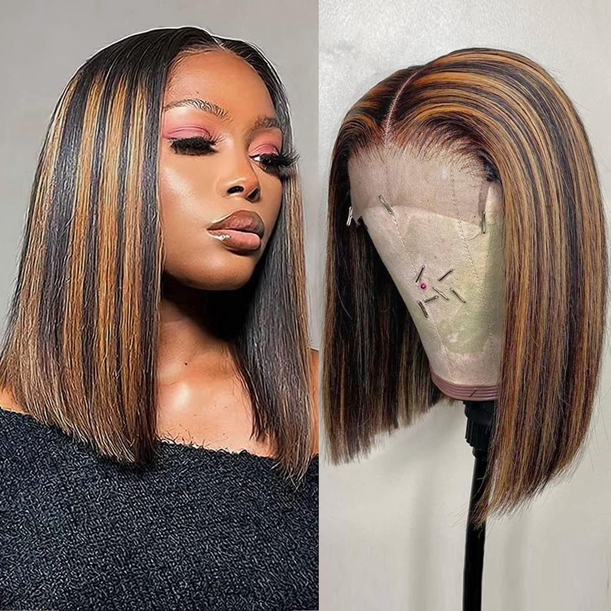 Condition photo showing New/Like New for colorful bird highlight ombre 4x4 lace frontal bob wig human hair straight balayage fb30 blonde wigs for women lace frontal wigs 150% density pre plucked 14inch 14 inch 4x4 lace front bob wig human hair highlights