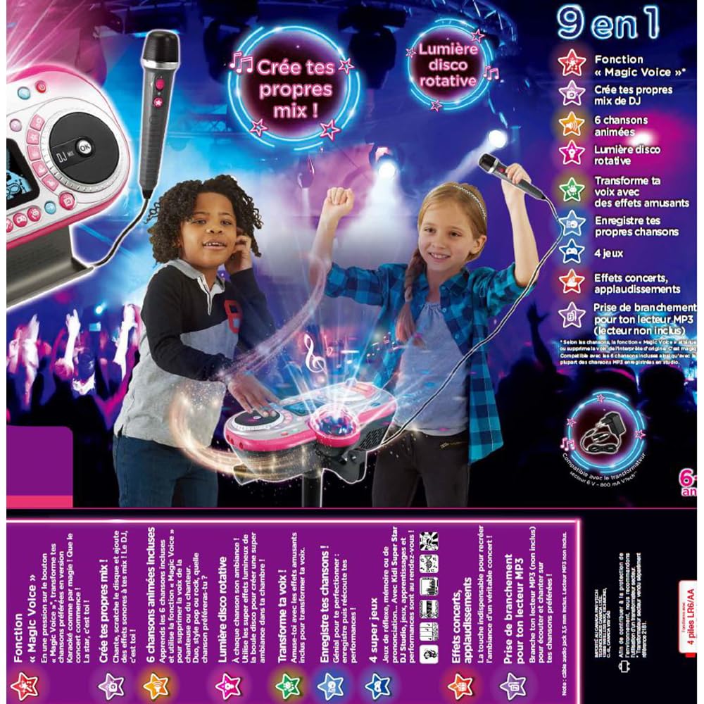 VTech - Kidi Superstar DJ Studio Rose, Micro Karaoké Enfant 9 en 1 avec Table de Mixage, Boule Disco Lumineuse Rotative, Apprentissage du Chant et Jeux, Cadeau Enfant Dès 6 Ans - Contenu en Français
