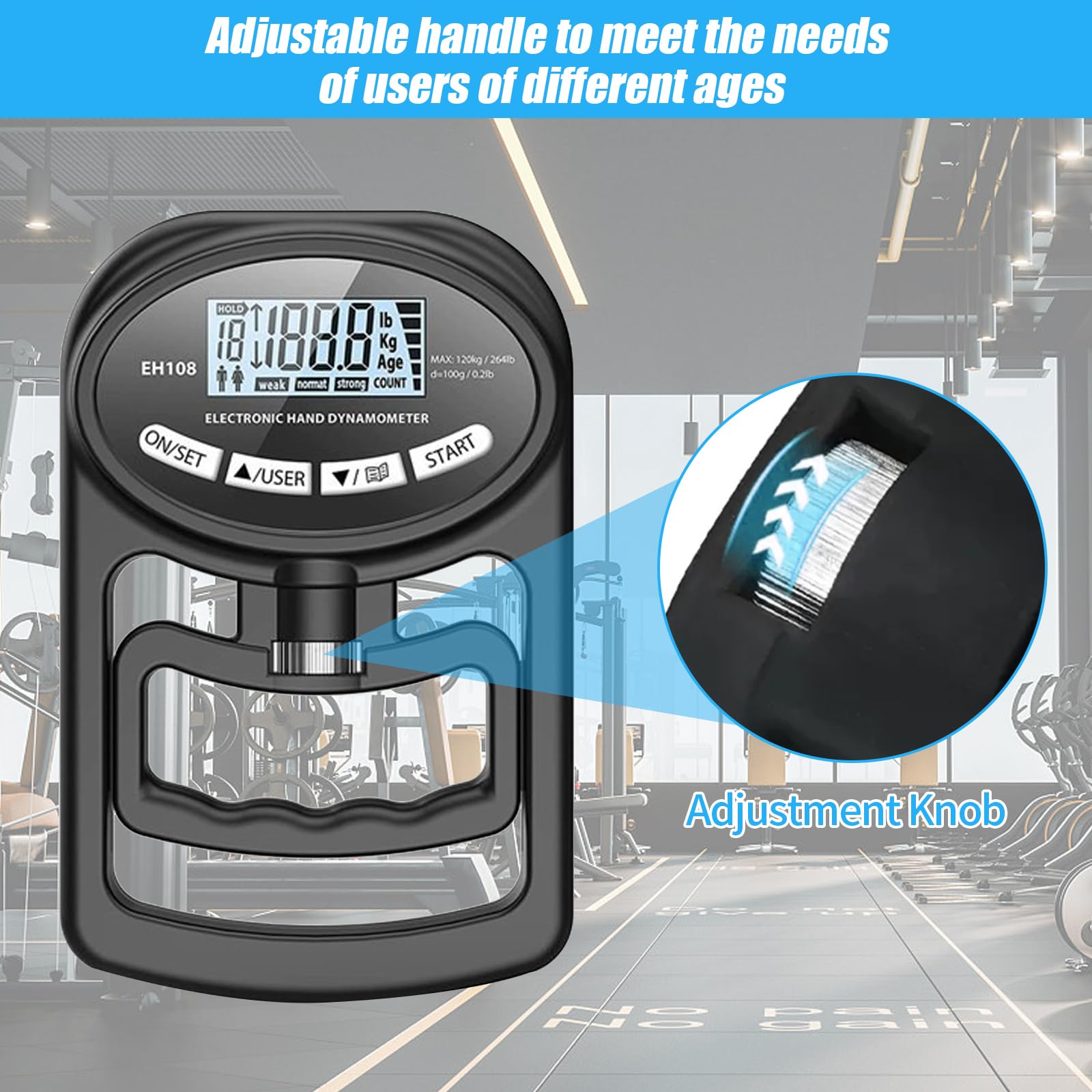 Medidor digital de mano de 264 lb/120 kg, dinamómetro digital de mano, medidor de fuerza de agarre electrónico, medición de fuerza de agarre con pantalla LED (negro)